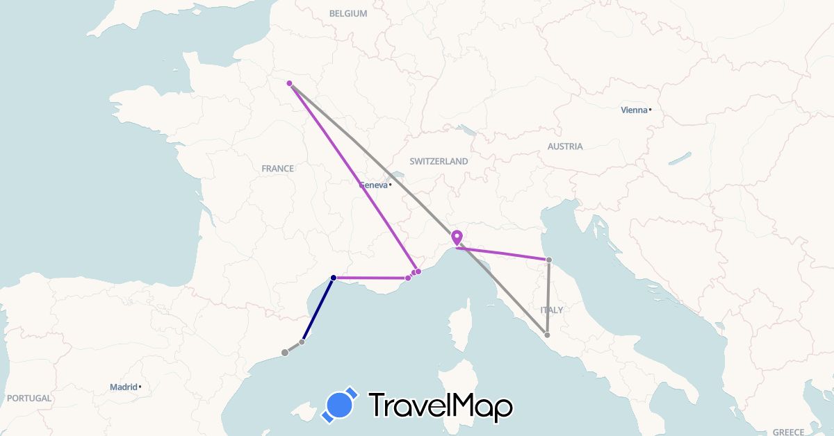 TravelMap itinerary: driving, plane, train in Spain, France, Italy, Monaco (Europe)